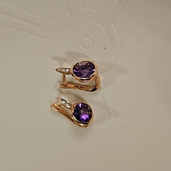 14K Amethyst & Diamond Drop Earrings - Picture 5 of 8